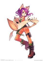  animal_ears belt boots female fox_(trickster) fox_ears fox_tail glasses holster jacket knife multiple_tails open_clothes open_jacket open_mouth pants purple_eyes purple_hair scroll sheath sheathed solo tail thigh_holster trickster_(ntreev_soft) 