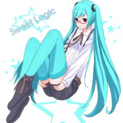  akiru aqua_hair bespectacled blue_eyes commentary_request female glasses hatsune_miku highres long_hair photoshop_(medium) shoes shorts smile solo striped_clothes striped_thighhighs thighhighs twintails very_long_hair vocaloid 