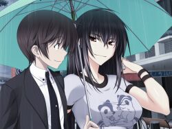  1boy boy breasts brown_hair female female formal game_cg girl kawakami_momoyo maji_de_watashi_ni_koi_shinasai! outdoors smile umbrella 