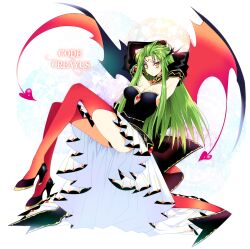  armpits ass blush breasts c.c. cleavage code_geass commentary_request creayus detached_sleeves dress facial_mark female forehead_mark full_body green_hair heart high_heels jewelry legs long_hair medium_breasts photoshop_(medium) shoes sigil solo thighhighs white_background wings yellow_eyes 