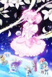  1boy 6+girls akemi_homura akemi_homura_(magical_girl) charlotte_(madoka_magica) chibi commentary_request drawing flower glowing kamijou_kyousuke kaname_madoka kaname_madoka_(magical_girl) kyuubee magical_girl mahou_shoujo_madoka_magica mahou_shoujo_madoka_magica_(anime) miki_sayaka multiple_girls petals pink_eyes pink_hair praying ririsuke sakura_kyoko shizuki_hitomi short_twintails space spoilers tomoe_mami tomoe_mami_(magical_girl) twintails 