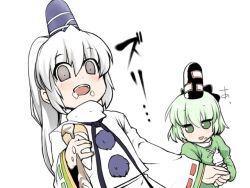  2girls commentary_request dress empty_eyes food green_dress green_eyes green_hair hat ice_cream japanese_clothes mononobe_no_futo multiple_girls open_mouth phenne ponytail ribbon short_hair soga_no_tojiko tate_eboshi touhou white_hair 