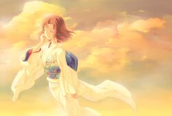  bad_id bad_pixiv_id brown_hair closed_eyes closed_mouth cloud cloudy_sky commentary_request eyelashes female floating_hair floral_print flower hand_on_own_cheek hand_on_own_face japanese_clothes kara_no_kyoukai kimono light_smile long_sleeves medium_hair nichiru outdoors ryougi_shiki sky solo white_kimono wide_sleeves 