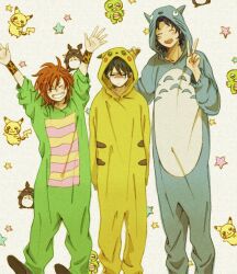  3boys black_hair brown_hair chitose_senri commentary_request cosplay costume gachapin gachapin_(cosplay) hirake!_ponkikki multiple_boys photoshop_(medium) pikachu pikachu_(cosplay) pokemon takayama_(suslov) tennis_no_ouji-sama tonari_no_totoro tooyama_kintarou totoro totoro_(cosplay) v zaizen_hikaru 