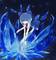  :o blue_eyes blue_hair bow cirno commentary dress female hairbow ice matsutake_(nodamiki) open_mouth solo touhou wings 