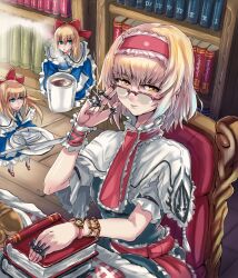  alice_margatroid bespectacled blonde_hair blue_eyes book bookshelf capelet commentary_request cup doll earrings female glasses hairband jewelry knife panzer_(p.z) plate ring shanghai_doll short_hair sitting solo string touhou watch wrist_cuffs wristwatch yellow_eyes 