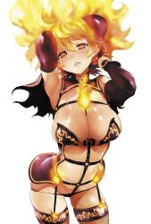  armpits arms_up blonde_hair blush breasts cleavage elbow_gloves female fiery_hair fire fishnets garter_straps gloves horns kousoku_otome_no_seikatai kyuujou_hina large_breasts long_hair looking_at_viewer nekoi_mie official_art open_mouth orange_eyes painttool_sai_(medium) simple_background solo thighhighs 