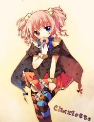  asymmetrical_legwear bad_id bad_pixiv_id blue_eyes cape character_name charlotte_(madoka_magica) doughnut female food heterochromia looking_at_viewer mahou_shoujo_madoka_magica mahou_shoujo_madoka_magica_(anime) mismatched_legwear personification pf photoshop_(medium) pink_hair short_hair short_twintails skirt smile solo striped_clothes striped_thighhighs thighhighs twintails yellow_eyes zettai_ryouiki 