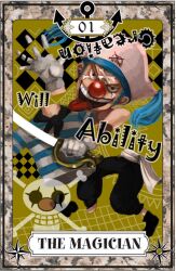  1boy anchor bad_id bad_pixiv_id blue_hair buggy_the_clown clown english_text hat male_focus nira_(nira_box) one_piece red_nose solo sword tarot tarot_(medium) the_magician_(tarot) tongue weapon 