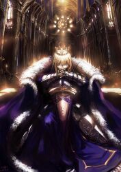  armor armored_dress artoria_pendragon_(fate) avalon_(fate/stay_night) blonde_hair blue_cloak chinese_commentary church cloak closed_eyes commentary_request crown dress excalibur_(fate/stay_night) facing_viewer fate/zero fate_(series) female fur-trimmed_cloak fur_trim hands_on_hilt highres indoors interlocked_fingers light_rays mixed-language_commentary on_one_knee own_hands_together partial_commentary saber_(fate) scabbard sheath sheathed signature solo standing stu_dts sunbeam sunlight 