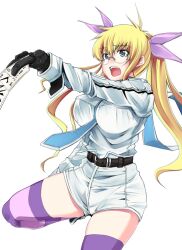  belt between_breasts between_fingers black_gloves blonde_hair breasts commentary_request drifters female glasses gloves hair_ribbon holding large_breasts long_hair necktie olmine open_mouth painttool_sai_(medium) ribbon short_shorts shorts simple_background solo striped_clothes striped_thighhighs talisman thighhighs white_shorts zanku 