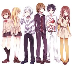  3boys 3girls accelerator_(toaru_majutsu_no_index) albino alternate_height bad_id bad_pixiv_id black_eyes black_hair blazer blonde_hair bow bowtie breasts brown_eyes brown_hair brown_jacket choker diagonal-striped_clothes diagonal-striped_shirt dress emblem gloves headband jacket kakine_teitoku kouko level_5_(toaru) loafers long_hair long_sleeves medium_breasts medium_hair misaka_mikoto mugino_shizuri multiple_boys multiple_girls pants pantyhose pigeon-toed pleated_skirt red_bow red_bowtie red_eyes rising_sun_flag school_emblem school_uniform shirt shoes shokuhou_misaki simple_background skirt sogiita_gunha striped_clothes striped_shirt sunburst sweater thighhighs toaru_majutsu_no_index tokiwadai_school_uniform uniform white_background white_gloves white_hair white_pants white_thighhighs winter_uniform yellow_eyes yellow_legwear zettai_ryouiki 