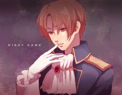  1boy ahoge alternate_costume arm_up ascot axis_powers_hetalia brown_eyes brown_hair colored_eyelashes commentary_request english_text fastener finger_to_mouth formal gloves lips male_focus mayama_kei mikumikudance northern_italy_(hetalia) parted_bangs photoshop_(medium) smile solo 