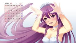  armpits bare_shoulders blush breasts calendar choker cleavage crown dress gloves infinite_stratos long_hair open_mouth purple_hair red_eyes shinonono_tabane solo 