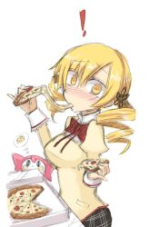  ! blonde_hair blush breasts caught charlotte_(madoka_magica) cheese commentary_request drill_hair eating female food hair_ornament holding holding_food holding_pizza kurakumo_nue looking_at_viewer mahou_shoujo_madoka_magica mahou_shoujo_madoka_magica_(anime) medium_breasts mitakihara_school_uniform pizza pizza_slice plaid plaid_skirt school_uniform skirt tomoe_mami yellow_eyes 