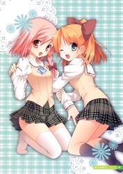  2girls :d absurdres arm_grab black_legwear blue_eyes bow braid hairbow highres kneehighs kneeling long_hair looking_at_viewer minagawa_yuuhi multiple_girls one_eye_closed open_mouth orange_hair pink_eyes pink_hair pleated_skirt sakura_neko school_uniform skirt smile thighhighs white_legwear wink your_diary yua_(your_diary) 