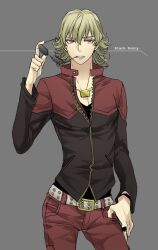  1boy bad_id bad_pixiv_id barnaby_brooks_jr. belt blonde_hair dark_persona eyewear_in_mouth glasses holding holding_removed_eyewear jacket jewelry male_focus mouth_hold necklace ourobunny red_eyes red_jacket ring shivue solo studded_belt tiger_&amp;_bunny unworn_eyewear 