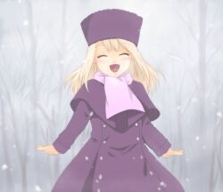  ^_^ bad_id bad_pixiv_id closed_eyes coat fate/stay_night fate_(series) female hat illyasviel_von_einzbern izru long_hair pink_scarf purple_hat scarf snowing solo straight_hair white_hair winter_clothes winter_coat 