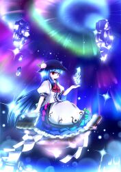  aurora blue_hair commentary_request female food fruit hat highres hinanawi_tenshi keystone long_hair peach photoshop_(medium) sky solo star_(sky) touhou tsubasa_(abchipika) 