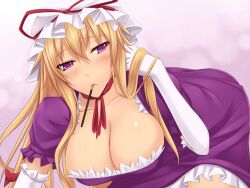  adjusting_hair akitsuki_karasu arm_up blonde_hair blush bow breasts chocolate cleavage commentary_request cookie dress elbow_gloves female food gloves hairbow large_breasts long_hair mouth_hold pocky purple_eyes solo touhou white_gloves yakumo_yukari 