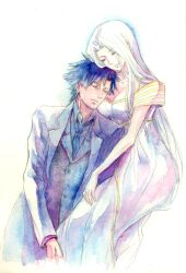  1boy bad_id bad_pixiv_id black_hair closed_eyes couple dress emiya_kiritsugu fate/zero fate_(series) female husband_and_wife irisviel_von_einzbern irisviel_von_einzbern_(angel&#039;s_song) necktie norino_moto straight white_hair 