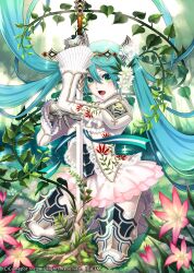  alteil alteil_battle_rpg alternate_costume aqua_hair armor commentary_request dress fantasy female flower gauntlets grass green_eyes hatsune_miku jpeg_artifacts knight long_hair miogrobin official_art plant skirt solo sword twintails very_long_hair vines vocaloid weapon 