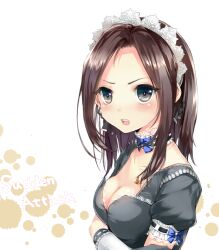  bad_id bad_pixiv_id black_eyes bow breasts brown_hair choker cleavage crossed_arms female long_hair maid_headdress medium_breasts momoko_(momopoco) open_mouth ribbon solo sudden_attack upper_body 