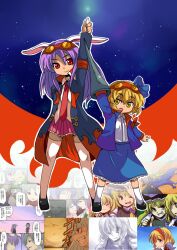  6+girls alice_margatroid alice_margatroid_(pc-98) arm_up bird blue_eyes commentary_request death flandre_scarlet frills fujiwara_no_mokou goggles hairband hong_meiling izayoi_sakuya jewelry kamina_pose kirisame_marisa light_purple_hair long_hair manly montage multiple_girls necktie phoenix pointing pointing_up red_eyes reisen_udongein_inaba remilia_scarlet ring scarf sharp_teeth shinki_(touhou) simon_(ttgl) skirt suppository teeth tengen_toppa_gurren_lagann thighhighs toto_(hitori_othello) touhou touhou_(pc-98) translation_request viral_(ttgl) yagokoro_eirin yellow_eyes 