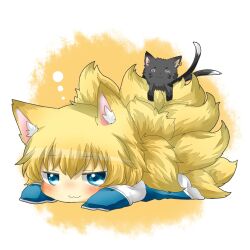  :3 animal_ears bad_id bad_pixiv_id blonde_hair blue_dress blue_eyes blush cat_on_person chen chen_(cat) chibi dress earrings feline female fox_ears fox_tail jewelry lying multiple_tails no_headwear on_stomach rebecca_(keinelove) single_earring tail touhou yakumo_ran 