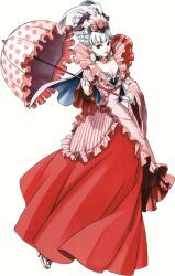  breasts cape choker cleavage dress earrings feathers feathers flower frilled_dress frills frilly_dress gensou_suikoden gensou_suikoden_v hair_flower hair_ornament hair_up highres jewelry josephine josephine_(suikoden) jpeg_artifacts official_art parasol photoshop pink_dress purple_eyes red_dress rose scan silver_hair suikoden suikoden_v umbrella 