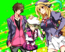  1boy 2girls ;d ahoge alternate_costume alternate_hairstyle alvin_(casual_outfit)_(tales) alvin_(tales) beret blonde_hair bow brown_eyes brown_hair commentary_request contemporary creature elize_lutus elize_lutus_(school_uniform) green_background green_eyes green_hair group_picture hand_on_another&#039;s_head hat jacket jewelry kmikan long_hair milla_maxwell multicolored_hair multiple_girls necklace official_alternate_costume one_eye_closed open_mouth pants pantyhose plaid plaid_skirt red_eyes ribbon short_hair short_twintails skirt smile star_(symbol) starry_background tales_of_(series) tales_of_xillia teepo_(tales) twintails two-tone_hair white_legwear 