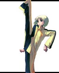  7c_(tdtdu) axe_kick blonde_hair blue_eyes bruce_lee&#039;s_jumpsuit commentary_request female high_kick huang_baoling kicking letterboxed outside_border photoshop_(medium) short_hair solo split standing standing_on_one_leg standing_split tiger_&amp;_bunny 