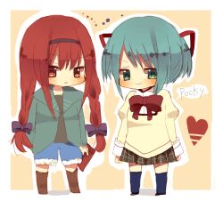  alternate_hairstyle bad_id bad_pixiv_id banned_artist blue_eyes blue_hair blush braid hair_ribbon hairband heart hood hoodie itou_mikan mahou_shoujo_madoka_magica miki_sayaka multiple_girls plaid plaid_skirt pleated_skirt red_eyes red_hair ribbon sakura_kyouko school_uniform short_hair shorts skirt smile twin_braids 