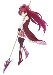  bad_id bad_pixiv_id boots bow detached_sleeves female full_body hairbow long_hair magical_girl mahou_shoujo_madoka_magica mahou_shoujo_madoka_magica_(anime) polearm ponytail red_eyes red_hair sakura_kyoko sakura_kyoko_(magical_girl) skirt solo spear thighhighs weapon white_background zukki_(suzukio) 