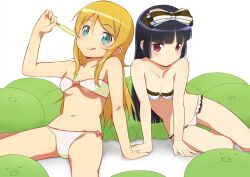  2girls :&lt; :q arm_support bare_shoulders bikini black_hair blonde_hair blue_eyes blush bow commentary_request food gokou_ruri hair_ornament hairbow hairclip hime_cut kanna_asuke kousaka_kirino long_hair looking_at_viewer mole mole_under_eye multiple_girls navel ore_no_imouto_ga_konna_ni_kawaii_wake_ga_nai petite popsicle red_eyes sitting swimsuit tongue tongue_out white_bikini 