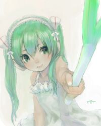  colored_eyelashes commentary_request dress female fingernails foreshortening green_eyes green_hair hatsune_miku headdress long_hair looking_to_the_side masuchi signature smile solo spring_onion twintails vocaloid white_dress white_headdress 