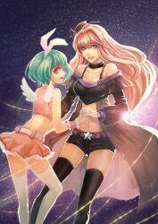  2girls bare_shoulders bryanth commentary_request highres holding_hands interlocked_fingers lens_flare macross macross_frontier multiple_girls photoshop_(medium) ranka_lee sheryl_nome shorts skirt thighhighs wings 