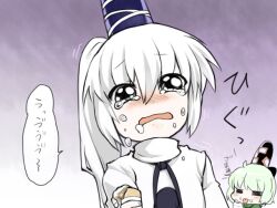  2girls =_= commentary_request crying crying_with_eyes_open dress food green_dress green_hair grey_eyes hat ice_cream japanese_clothes mononobe_no_futo multiple_girls phenne ponytail ribbon short_hair soga_no_tojiko tate_eboshi tears tongue touhou translated wavy_mouth white_hair 