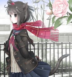  animal_ears bag black_eyes black_gloves black_hair blush bud camellia cat_ears cat_tail coat commentary_request female fence flower from_side gloves hair_bobbles hair_ornament kanzaki_miku kuroinu original pink_flower plaid plaid_scarf pleated_skirt red_scarf scarf school_bag school_uniform serafuku skirt snow snowing solo sweater symbol-shaped_pupils tail 