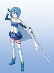  armband bad_id bad_pixiv_id blue_eyes blue_hair cape dual_wielding female gloves hair_ornament hairclip holding magical_girl mahou_shoujo_madoka_magica mahou_shoujo_madoka_magica_(anime) miki_sayaka miki_sayaka_(magical_girl) short_hair solo soul_gem sword thighhighs tokumaro weapon zettai_ryouiki 