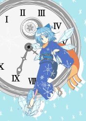  blue_background blue_eyes blue_hair blue_kimono cirno cirno-nee clock commentary_request cryokinesis expressionless female geta highres ice ice_background japanese_clothes kimono mikazuki_neko obi sash scarf snowflakes solo touhou 