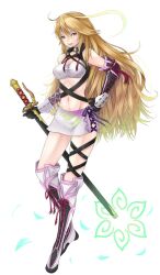  akagi_kiyo bad_id bad_pixiv_id blonde_hair boots choker female full_body gloves hand_on_own_hip knee_boots long_hair midriff milla_maxwell navel red_eyes scabbard sheath shirt skirt smile solo strapless tales_of_(series) tales_of_xillia taut_clothes taut_shirt tube_top 