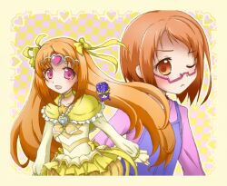  2girls bad_id bad_pixiv_id bow brooch brown_eyes brown_hair bubble_skirt choker circlet cure_muse_(yellow) dodory dress dual_persona frills frown glasses hair_ribbon heart jewelry kureha_yuu magical_girl multiple_girls one_eye_closed pink-framed_eyewear precure red_eyes ribbon shirabe_ako short_hair skirt smile suite_precure yellow_bow yellow_choker 