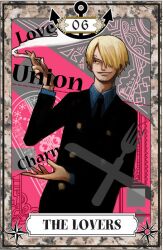  1boy anchor bad_id bad_pixiv_id blonde_hair cigarette curly_eyebrows english_text fork formal hair_over_one_eye knife male_focus nira_(nira_box) one_piece sanji_(one_piece) smoke solo suit tarot tarot_(medium) the_lovers_(tarot) 