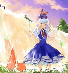  2girls arms_up blue_dress bow clothes_pin clothesline commentary_request dress fujiwara_no_mokou grass hairbow hands_on_own_head hat kamishirasawa_keine laundry long_hair multiple_girls ogawa_maiko pants pink_eyes see-through skirt touhou tree white_hair 