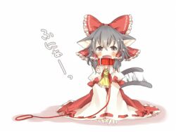  animal_ears ascot bad_id bad_pixiv_id black_hair blush bow cat_ears cat_tail collar detached_sleeves dress female grey_eyes hair_tubes hairbow hakurei_reimu kemonomimi_mode leash oerba_yun_fang open_mouth pasutel red_bow red_dress ribbon sitting solo tail tail_ornament tail_ribbon touhou translated v_arms 