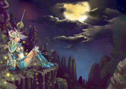  bad_id bad_pixiv_id female full_moon gauntlets madyy midriff monster_hunter_(character) monster_hunter_(series) monster_hunter_portable_3rd moon photoshop_(medium) ponytail solo sword weapon white_hair zinogre_(armor) 