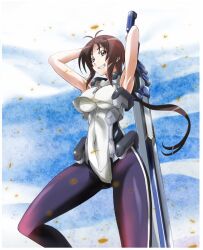  armpits arms_up bodysuit breasts brown_hair commentary_request female kyoukaisenjou_no_horizon large_breasts leg_up legs long_hair long_legs mikage_nao oriotorai_makiko pantyhose solo sword thighs underboob weapon 