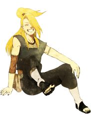  1boy bad_id bad_pixiv_id blonde_hair closed_eyes deidara_(naruto) grin hair_over_one_eye long_hair male_focus naruto_(series) naruto_shippuuden ponytail simple_background sitting smile solo stitches zukeban 