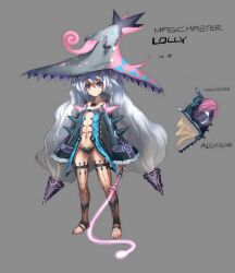  bad_id bad_pixiv_id book female hat long_hair navel observerz panties pixiv_fantasia pixiv_fantasia_wizard_and_knight simple_background solo thighhighs tongue twintails underwear very_long_hair whip white_eyes white_hair witch_hat 